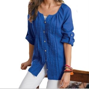 Soft Surroundings Linen Pintuck Button Front Top (Small)